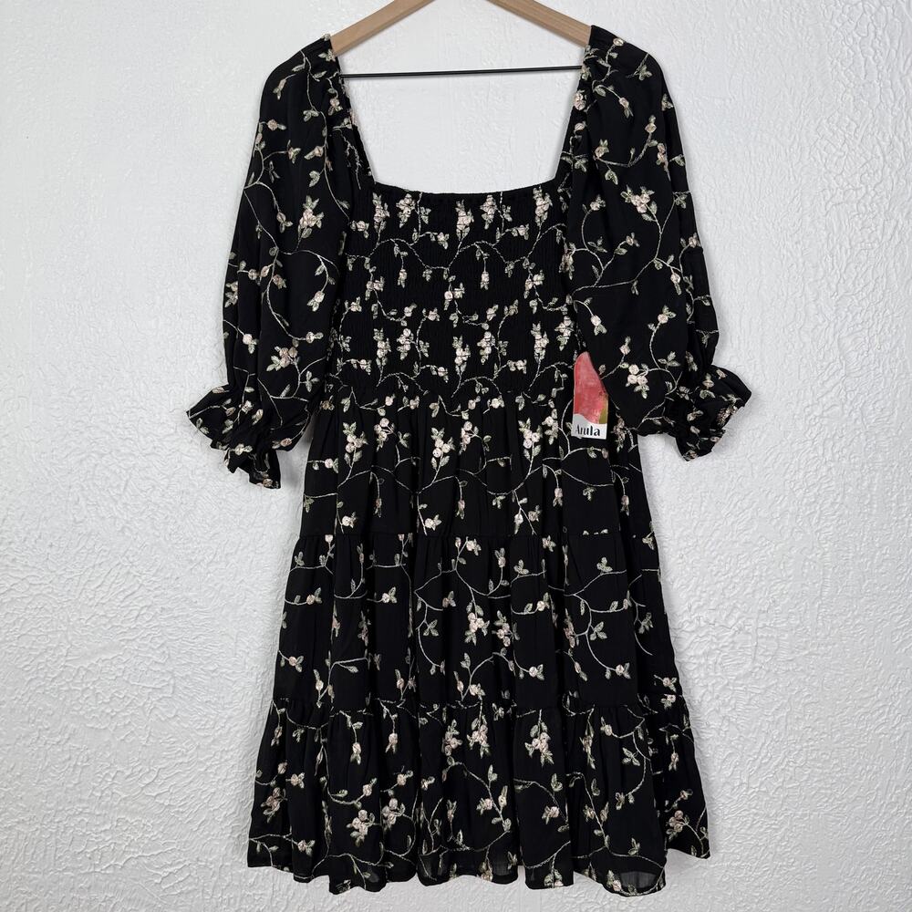Arula Embroidered Floral Smocked Puff Sleeve Mini Dress Size XL NWT